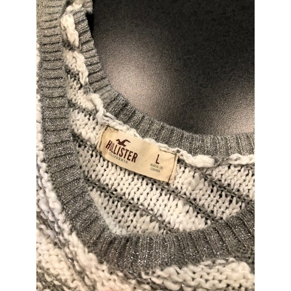 Hollister Sparkle Slouchy Sweater Metallic Stripe Step Hem Gray White Loose Knit - Picture 9 of 10
